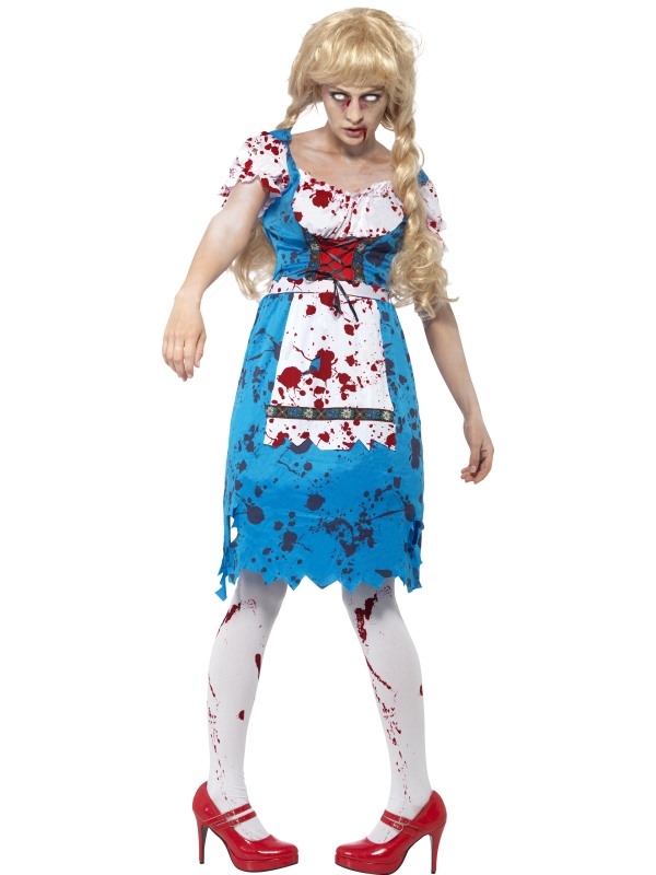 Zombie Bavarian Dames Kostuum met bloederige jurk. Maak het kostuum compleet met de witte kousen en lenzen. Ga als zombie naar Halloween of ander gruwelijke feest!