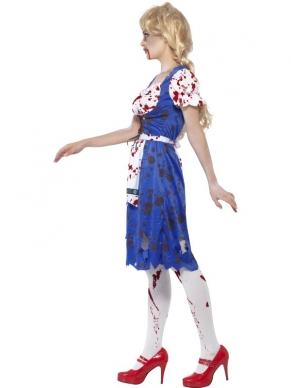 Zombie Bavarian Dames Kostuum met bloederige jurk. Maak het kostuum compleet met de witte kousen en lenzen. Ga als zombie naar Halloween of ander gruwelijke feest!