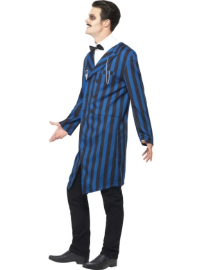 Duke of Manor Landhuis Kostuum. Het jasje is voorzien van blauw en zwarte strepen. Het mouwloze shirt en de vlinderdas maken het hertog kostuum compleet. Prachtig heren kostuum voor Halloween!