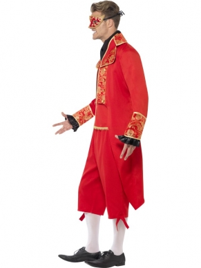 Duivel Masquerade Halloween Kostuum. Een mooi duivelkostuum volledig in het rood en voorzien van jas, mouwloos shirt en broek. Wie herkent jou tijdens een feest zoals Halloween?