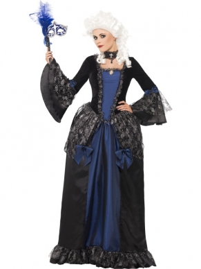 Barok Beauty Masquerade Kostuum. Prachtig kostuum met jurk in het blauw en zwart. Aan te trekken voor diverse feesten zoals Halloween.