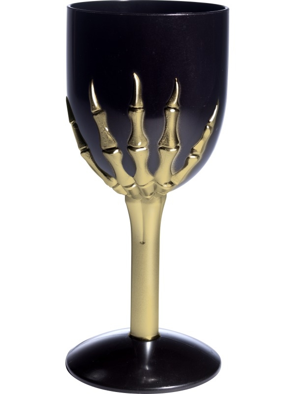 Dek de tafel in stijl tijdens Halloween met dit zwarte Gothic Wijnglas met skelettenhand. Ook verkrijgbaar in Paars en Rood.