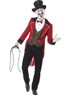 Sinister Ringmaster Kostuum met Hoge Hoed in het rood / zwart. Compleet kostuum met lange achterkant, overhemd, masker en hoge hoed. Wordt jij \
