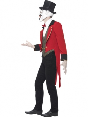 Sinister Ringmaster Kostuum met Hoge Hoed in het rood / zwart. Compleet kostuum met lange achterkant, overhemd, masker en hoge hoed. Wordt jij \