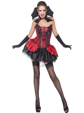 Fever Verleidelijke Halloween Vampieren Kostuum in het zwart / rood. Inclusief de jurk, corset en zwarte kraag. Neem er een paar tanden bij en bijt er maar flink op los!