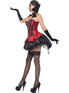 Fever Verleidelijke Halloween Vampieren Kostuum in het zwart / rood. Inclusief de jurk, corset en zwarte kraag. Neem er een paar tanden bij en bijt er maar flink op los!