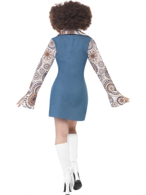 1970's Groovy Dancer Dames Verkleedkostuum. Geweldige Blauwe jurk met gekleurde wijduitlopende mouwen. De pruik en andere seventies accessoires verkopen we los.
