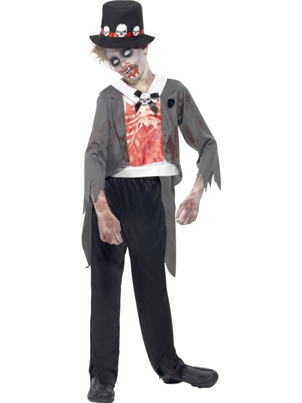 Halloween Horror Verkleedkleding Zombie Groom Bruidegom Jongens Kostuum. Inbegrepen is het jasje, het shirtje met bloed, de zwarte broek en hoedje met doodskoppen. 