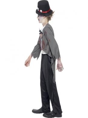 Halloween Horror Verkleedkleding Zombie Groom Bruidegom Jongens Kostuum. Inbegrepen is het jasje, het shirtje met bloed, de zwarte broek en hoedje met doodskoppen. 