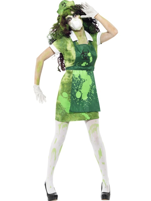 Biohazard Chemisch Dames Horror Kostuum. Kompleet Halloween Verkleedkostuum met Groene jurk met schort, hoedje, masker (mondkapje) en handschoenen. De halloween horror accessoires verkopen we los. 