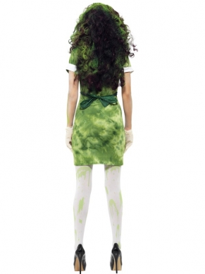 Biohazard Chemisch Dames Horror Kostuum. Kompleet Halloween Verkleedkostuum met Groene jurk met schort, hoedje, masker (mondkapje) en handschoenen. De halloween horror accessoires verkopen we los. 
