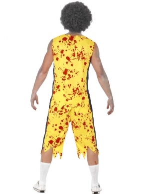 High School Horror Zombie Basketball Speler. Ingebrepen is het gele shirtje met bloedvlekken en korte broek met bloedvlekken. De horror accessoires verkopen we los met korting. 