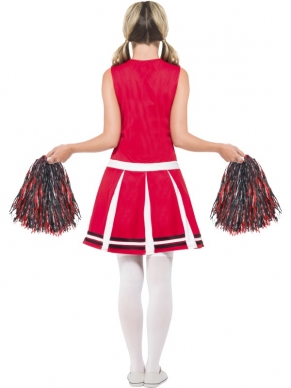 Cheerleader Dames Verkleedkostuum. Inbegrepen is de rood witte jurk en de pom poms. De kousen verkopen we los. 