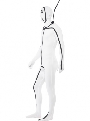 Hangman Galgje Second Skin Morph Suit Verkleedkostuum. Wit Morphsuit met Zwarte print van het poppetje van galgje. De morphsuits zijn gemaakt van stretch lycra, waardoor het zich naadloos aanpast aan ieder figuur. Er zit een openening onder de kin en bij de gulp. Je krijgt er een heuptasje bij. 