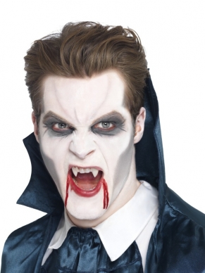 Vampier Make Up, inclusief witte, grijze en zwarte schmink, kwastje en instructies. Deze professionele look maakt u nu makkelijk zelf! De vampierentanden zijn los bij ons te bestellen, net als nepbloed.