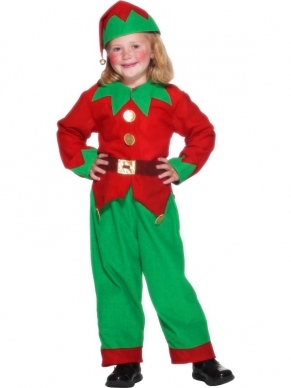 Elf Kinder Kostuum - compleet Elf kostuum, inclusief rood - groene top met knopen en riem, groene broek en elfenmuts. Dit kostuum kan zowel door jongens als door meisjes worden gedragen.