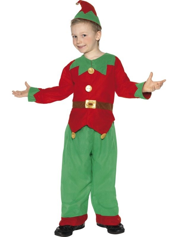Elf Kinder Kostuum - compleet Elf kostuum, inclusief rood - groene top met knopen en riem, groene broek en elfenmuts. Dit kostuum kan zowel door jongens als door meisjes worden gedragen.