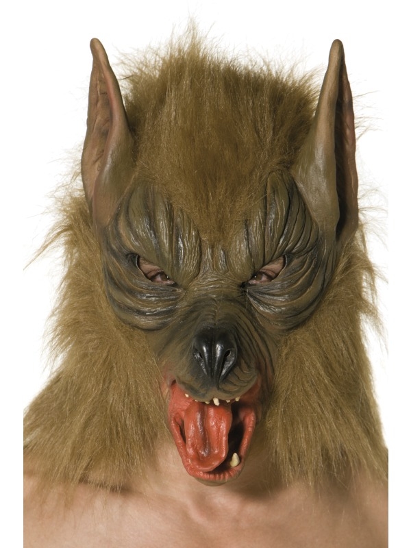 Bruin Weerwolf Halloween Masker met Haar. Dit masker gaat over uw hele hoofd.
