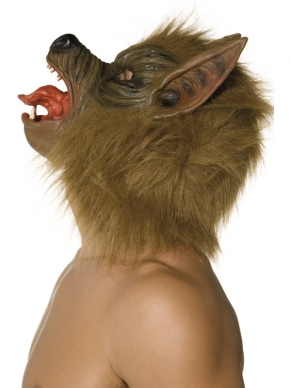 Bruin Weerwolf Halloween Masker met Haar. Dit masker gaat over uw hele hoofd.