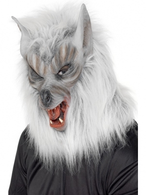 Zilver Weerwolf Halloween Masker met Haar. Dit masker gaat over uw hele hoofd.