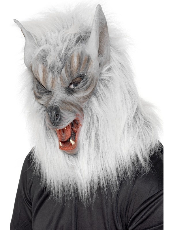 Zilver Weerwolf Halloween Masker met Haar. Dit masker gaat over uw hele hoofd.