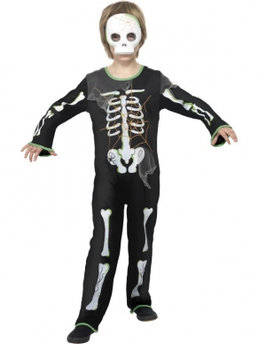 Geweldig Scary Spider Skeletten Jongens Halloween Kostuum met zwart Bodysuit met skeletten print en webprint en het halve gezichtsmasker. 