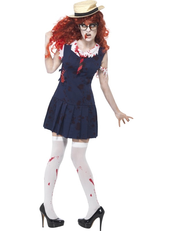 High School Horror Zombie College Student Kostuum. Inbegrepen is de bloederige blauwe studenten jurk en de hoed. Alle horror accessoires verkopen we los. 