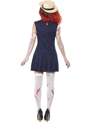 High School Horror Zombie College Student Kostuum. Inbegrepen is de bloederige blauwe studenten jurk en de hoed. Alle horror accessoires verkopen we los. 