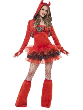 Prachtig Compleet Fever Devil Tutu Jurk Halloween Kostuum. Inbegrepen is de strapless jurk met tutu rok, vestje met hoody met hoorntjes en de boot covers. Leuk verkleedkostuum voor Halloween of andere themafeesten. 