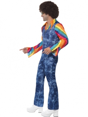 Groovier Dancer 1970's Disco Verkleedkostuum. Denim Effect Jumpsuit met shirt met gekleurde mouwen. De Afro Pruik verkopen we los. Leuk voor Carnaval en Seventies Eighties Disco Feesten. 