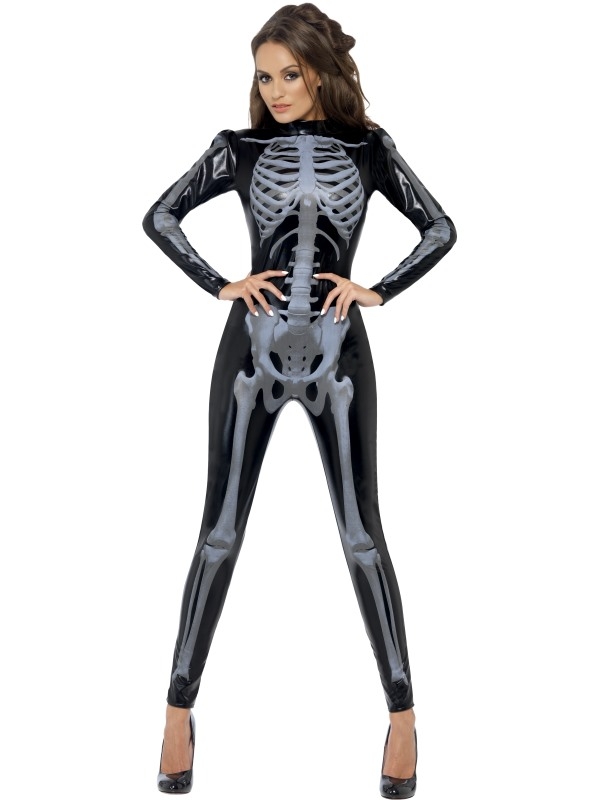 Fever Skeleton Skeletten Print Catsuit. Zwarte Catsuit met skelettenprint leuk voor Halloween Horror Feesten. 