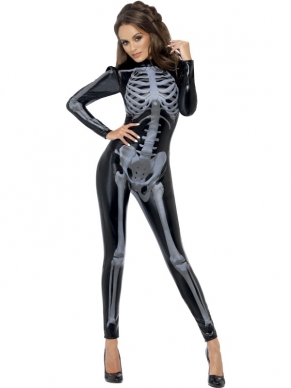 Fever Skeleton Skeletten Print Catsuit. Zwarte Catsuit met skelettenprint leuk voor Halloween Horror Feesten. 