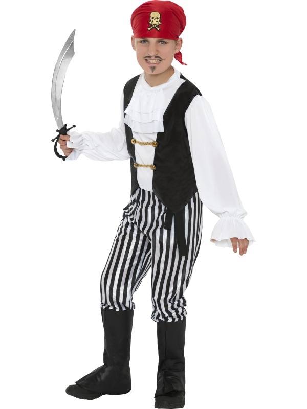 Piraten Jongens Kostuum, bestaande uit het shirt met broek, riem, bootcovers en bandana. Leuk voor een piraten themafeest of Carnaval.