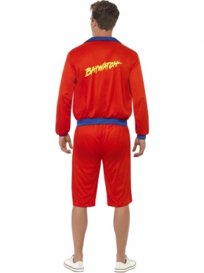 Baywatch Beach Lifeguard Heren Kostuum. Inbegrepen is het rode jasje met Baywatch embleem en de korte broek. De rode drijver verkopen we los. 