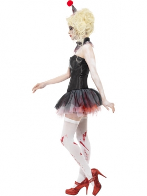 3-Delig Horror Halloween Zombie Clown Verkleedsetje, bestaande uit  de Tutu Rok, de Kraag en het mini hoedje op diadeem. 