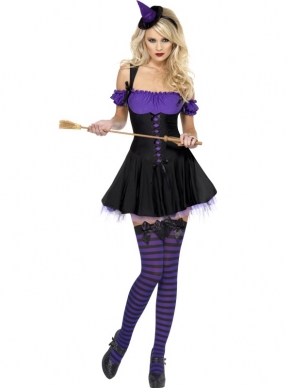 Fever Wicked Witch Paars Dames Halloween Kostuum. Paars Zwarte Heksenjurk en klein heksenhoedje op diadeem. 