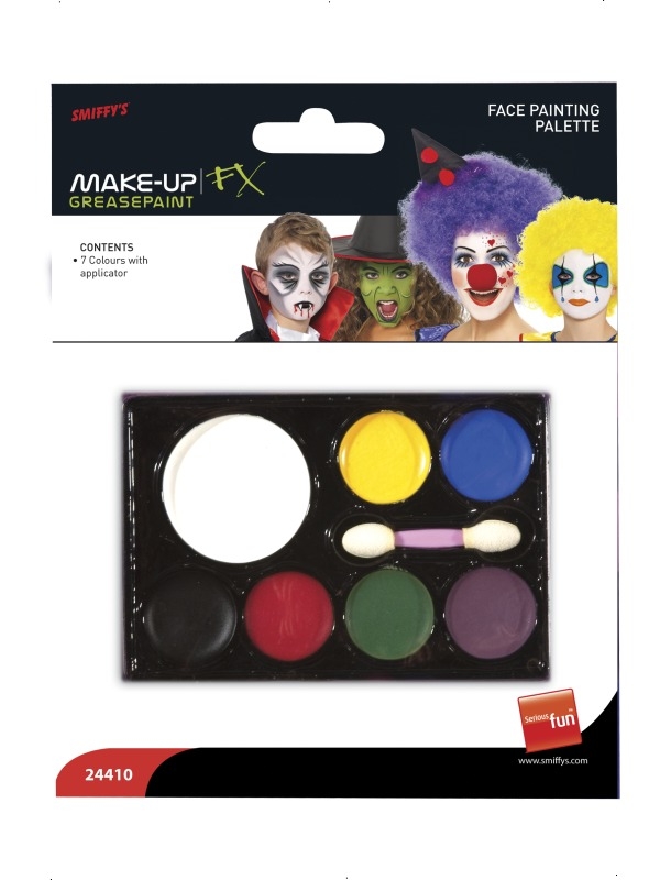 Make-Up FX Palet 7 Kleuren Schmink Op Waterbasis - mooie kwaliteit schmink voor gezicht en lichaam op waterbasis. Het pallet bevat de volgende 7 kleuren: wit, geel, blauw, zwart, rood, groen en paars. Inclusief kwastje.