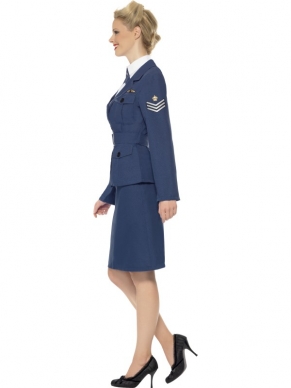 WW2 Air Force Kapitein Dames Kostuum. Inbegrepen is de blauwe rok, het blauwe jasje met wit mock shirtje met stropdas en de riem. Compleet verkleedkostuum. 