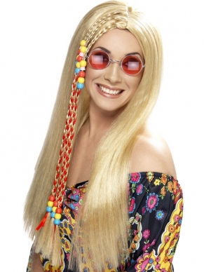 Mooie Lange Blonde Hippie Party Pruik met gekleurde dreads en kralen. 