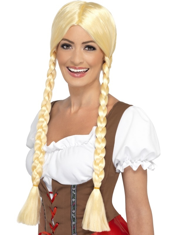 Bavarian Beauty Oktoberfest Blonde Pruik met middenscheiding en twee vlechten. 