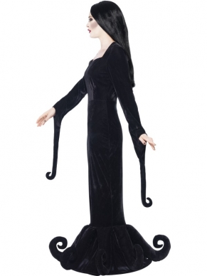 Prachtig Landhuis Hertogin Halloween Kostuum in het zwart. Mooie lange jurk tot aan de grond voorzien van gedetailleerde uiteindes aan de mouwen en onderkant.