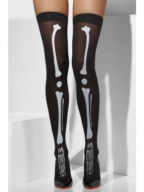 Zwarte Kousen met Skelet Print - mooie kousen voor bij diverse Halloween verkleedkostuums. De kousen zijn doorzichtig. Verkrijgbaar in 1 maat (one size fits most).