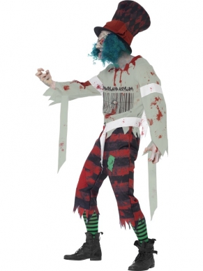 Zombie Hatter Horror Sprookjes Heren Kostuum. Compleet Halloween Horror Verkleedkostuum met Shirt met Bloed, Broek, eng masker met hoed. De horror accessoires verkopen we los met korting.