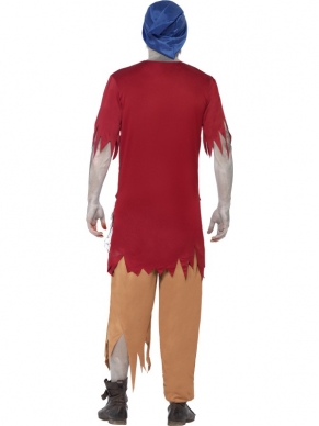 Zombie Dwerg Horror Sprookjes Heren Kostuum. Compleet Halloween Horror Verkleedkostuum met Rood shirt met gillet (zit er aan vast), broek en masker. De halloween horror accessoires verkopen we los met korting. 
