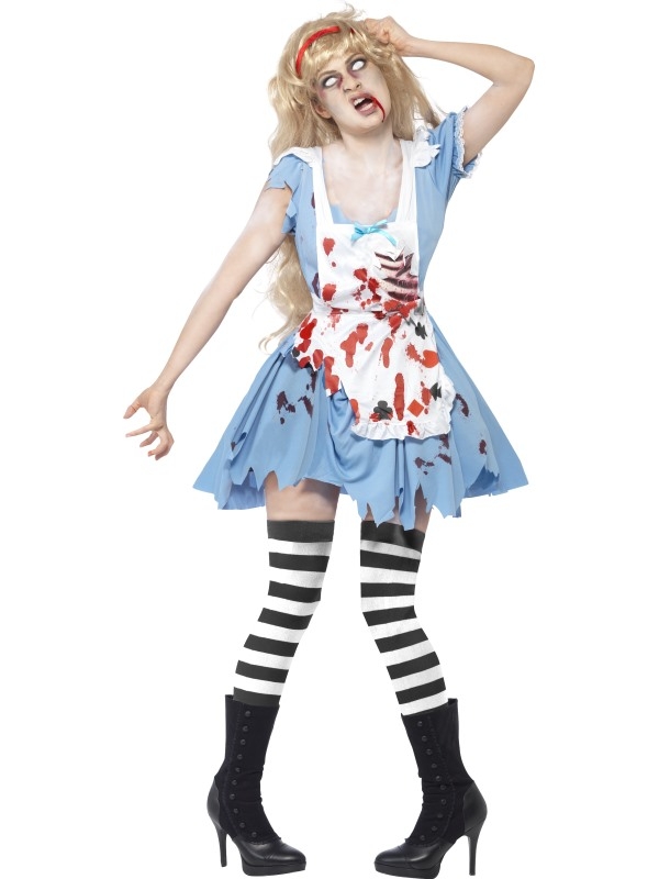Zombie Alice In Horror Land Halloween Kostuum. Enge Halloween Kostuum met de alice jurk met latex borststuk en bloed, het witte schortje en de rode haarband. De Halloween accessoires verkopen we los met korting. 