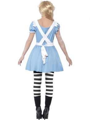 Zombie Alice In Horror Land Halloween Kostuum. Enge Halloween Kostuum met de alice jurk met latex borststuk en bloed, het witte schortje en de rode haarband. De Halloween accessoires verkopen we los met korting. 