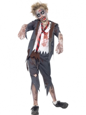 Zombie School Boy Horror Jongens Kostuum. Compleet Halloween Jongens Verkleedkostuum met Broek, Jas met shirtje (zit er aan vast) en stropdas. De extra accessoires en horror schmink verkopen we met hoge kortingen bij dit kostuum. 