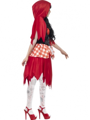 Enge Halloween Verkleedkleding. Zombie Roodkapje Horror Sprookjes Kostuum met Roodkapje jurk met latex borst, bloed en scheuren en de rode roodkapje cape. De horror halloween accessoires verkopen we los en als u de accessoires samen met dit kostuum koopt, krijgt u hoge kortingen. 