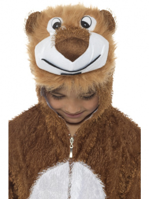 Leeuw Kinder Kostuum, bestaande uit de jumpsuit met capuchon.