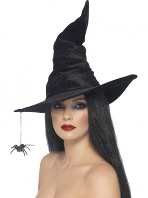 Zwarte Velours Heksenhoed met Spin Halloween Hoed